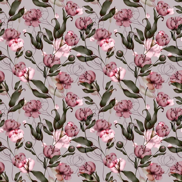 Digital Flat Illustration Elegant Pink Peonies Seamless Pattern Elements Light — Stock Photo, Image