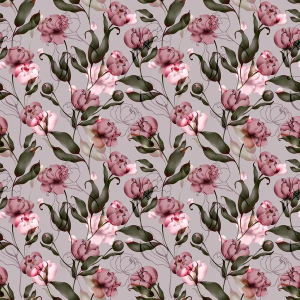 Digital flat illustration of elegant pink peonies seamless pattern from elements on a light gray background. Print for the design of cards, invitations, banners, fabrics, posters, paper.