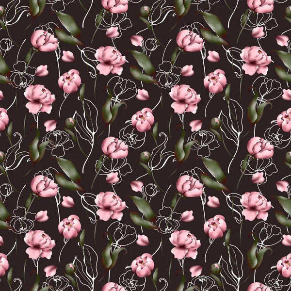 Digital Flat Illustration Elegant Pink Peonies Seamless Pattern Elements Dark — Stock Photo, Image