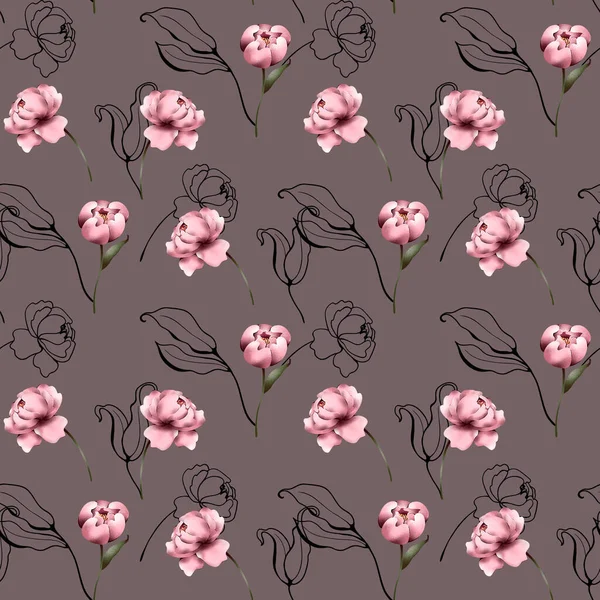 Ilustração Plana Digital Peônias Rosa Elegantes Sem Costura Padrão Elementos — Fotografia de Stock