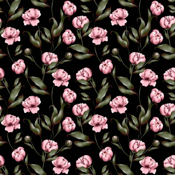 Ilustração Plana Digital Peônias Rosa Elegantes Sem Costura Padrão Elementos — Fotografia de Stock
