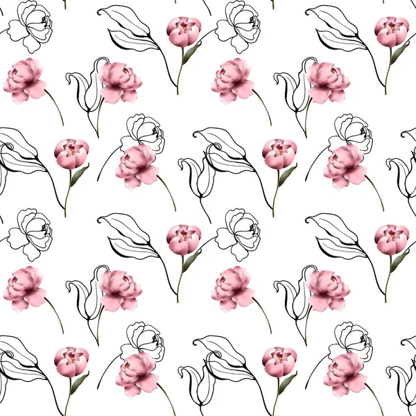 Digitale Flache Illustration Eleganter Rosa Pfingstrosen Mit Nahtlosem Muster Aus — Stockfoto
