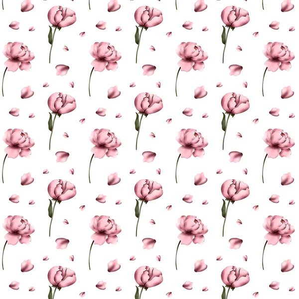 Digital flat illustration of elegant pink peonies seamless pattern from elements on a white background. Print for the design of cards, invitations, banners, fabrics, posters, paper, covers.