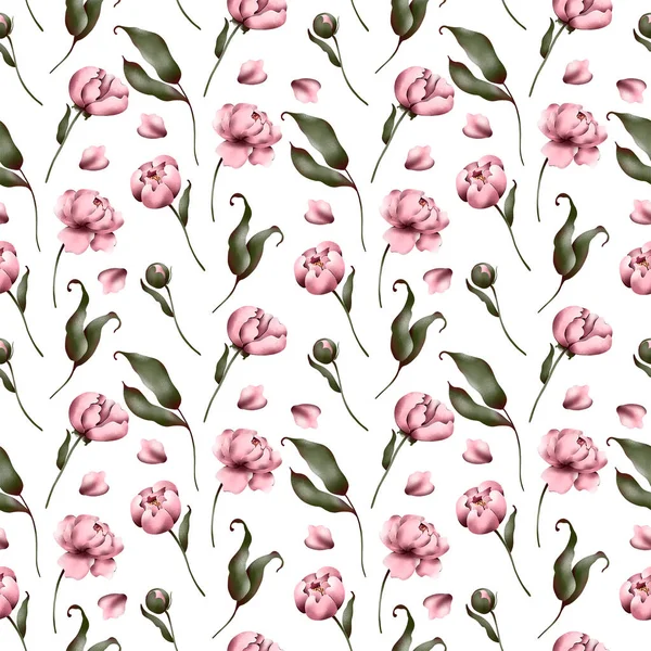 Digital Flat Illustration Elegant Pink Peonies Seamless Pattern Elements White — Stock Photo, Image