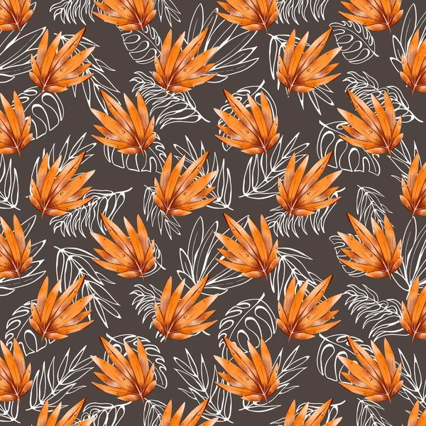 Digital flat illustration seamless pattern single exotic unusual orange-cute leaf. Print for cards, invitations, banners, fabrics.