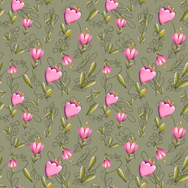 Digital Illustration Trendy Floral Print Pattern Small Tulips Leaves Berries — Stock Photo, Image