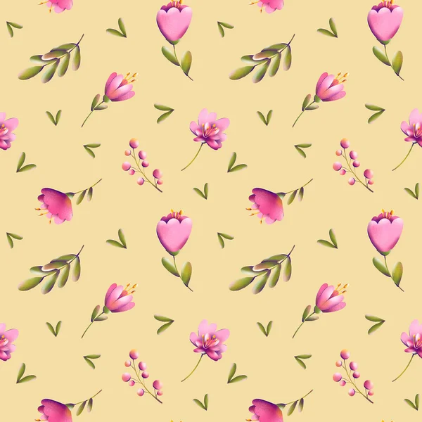 数码插图的流行花纹图案 小郁金香 树叶和浆果 质感无缝 邀请函的夏季和春季主题 — 图库照片