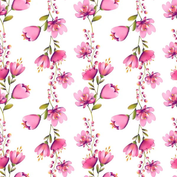 Ilustración Digital Estampado Floral Moda Pequeños Tulipanes Hojas Bayas Una —  Fotos de Stock
