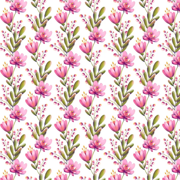 数码插图的流行花纹图案 小郁金香 树叶和浆果 质感无缝 邀请函的夏季和春季主题 — 图库照片