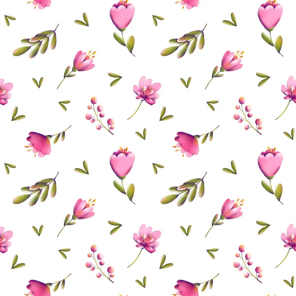 Цифровая Иллюстрация Модного Цветочного Рисунка Маленькие Тюльпаны Листья Ягоды Бесшовной — стоковое фото