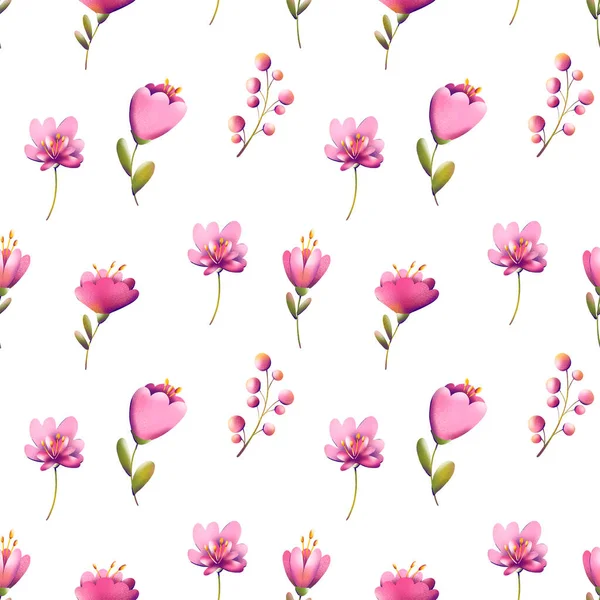 Digitale Illustratie Van Een Trendy Bloemenprint Patroon Kleine Tulpen Bladeren — Stockfoto