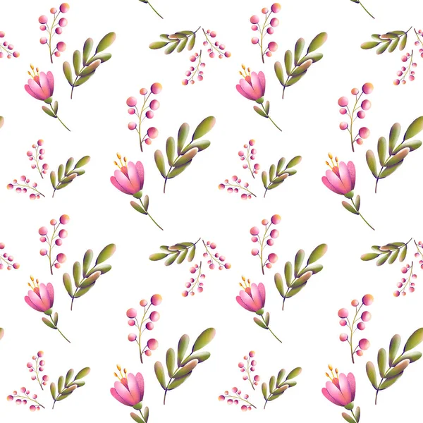 Illustration Numérique Motif Floral Tendance Petites Tulipes Feuilles Baies Dans — Photo