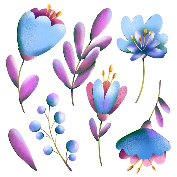 Illustrazione Digitale Set Stampa Floreale Alla Moda Piccoli Tulipani Foglie — Foto Stock