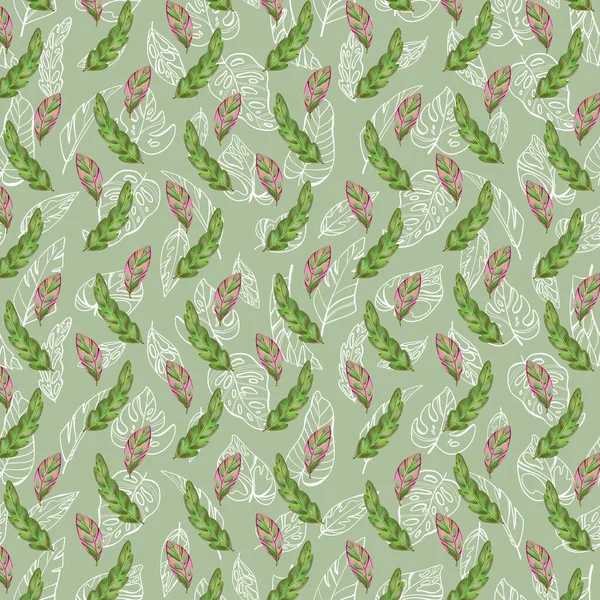 Illustration Numérique Motif Créatif Mignon Vert Rose Feuilles Texturales Tropicales — Photo
