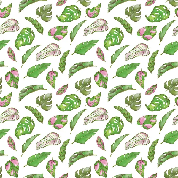 Ilustración Digital Patrón Creativo Lindo Verde Rosa Hojas Textura Tropical — Foto de Stock