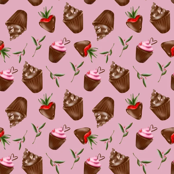 Illustration Numérique Une Jolie Saint Valentin Motif Chocolat Recouvert Fraises — Photo