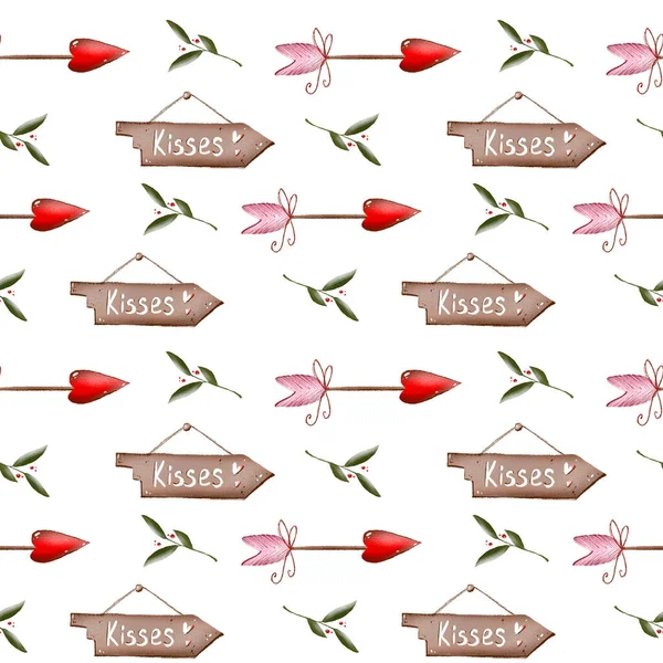 Digital illustration of a cute valentine\'s day pattern cupid arrow and a plate of kisses. Drawn in pencil style for stickers, cards, prints, posters, covers, fabrics.