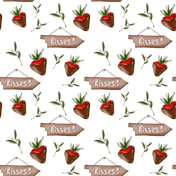 디지털 발렌타인의 귀여운 패턴의 딸기와 키스의 스티커 포스터 직물등을 스타일 — 스톡 사진
