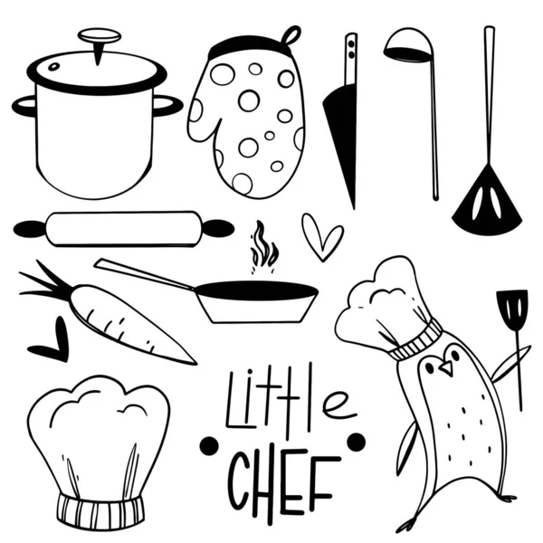 Κουζίνα Σύνολο Επιγραφή Λίγο Σεφ Μαχαίρι Κουτάλα Σούπα Πιγκουίνος Μαγειρικό — Φωτογραφία Αρχείου