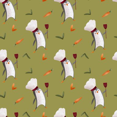 Penguenli aletler ve çatal bıçaklardan yapılmış şirin mutfak deseni. Yeşil arkaplandaki doku dijital sanat. Kumaş, kırtasiye, ofis siteleri, afişler, ambalaj kağıtları, posterler, kartlar için yazdır.