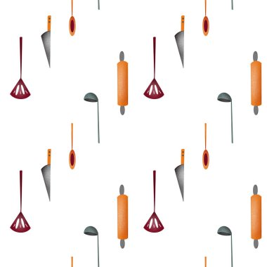 Alet edevat ve çatal bıçaklardan yapılmış şirin mutfak deseni. Beyaz arkaplandaki doku dijital sanat. Kumaş, kırtasiye, ofis siteleri, afişler, ambalaj kağıtları, posterler, kartlar için yazdır.