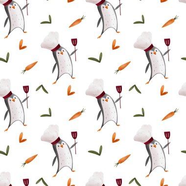 Penguenli aletler ve çatal bıçaklardan yapılmış şirin mutfak deseni. Beyaz arkaplandaki doku dijital sanat. Kumaş, kırtasiye, ofis siteleri, afişler, ambalaj kağıtları, posterler, kartlar için yazdır.