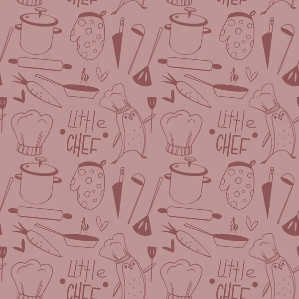 Roztomilý Kuchyňský Vzor Nářadí Náčiní Tučňákem Doodle Art Obrys Růžovém — Stock fotografie