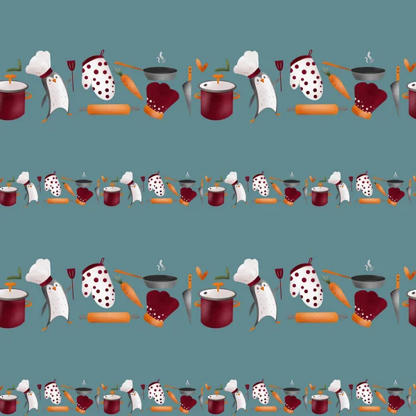 Cute kitchen pattern made of tools and utensils with a penguin. Texture digital art on a blue background. Print for fabrics, stationery, office sites, banners, wrapping paper, posters, cards.
