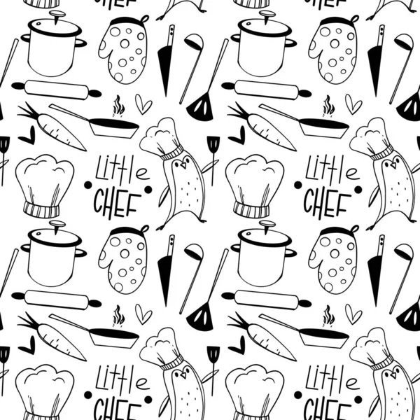 Carino Modello Cucina Fatta Strumenti Utensili Con Pinguino Doodle Contorno — Foto Stock