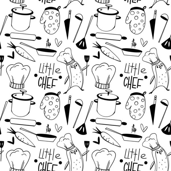 Cute kitchen pattern made of tools and utensils with a penguin. Doodle art outline on a white background. Print for fabrics, stationery, office sites, banners, wrapping paper, posters, cards.