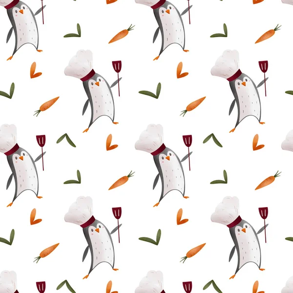Cute kitchen pattern made of tools and utensils with a penguin. Texture digital art on a white background. Print for fabrics, stationery, office sites, banners, wrapping paper, posters, cards.