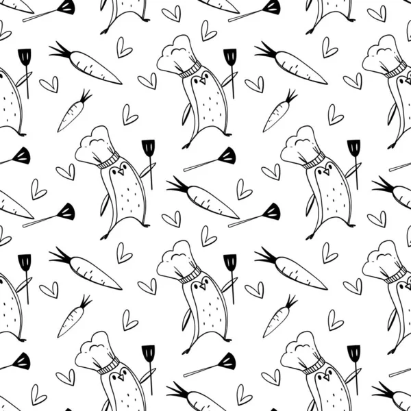 Милый Кухонный Узор Инструментов Посуды Пингвином Набросок Рисунка Белом Фоне — стоковое фото