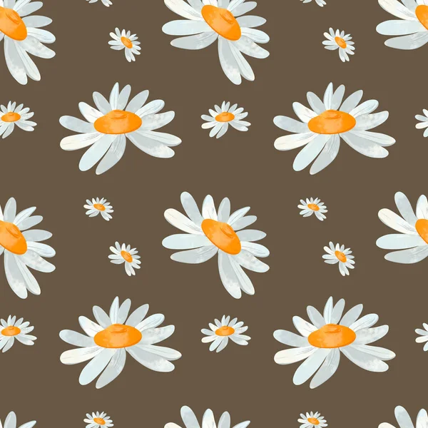 Cute square silent pattern daisy flower. Textural digital art on a brown background. Print for fabrics, clothes, wrapping paper, cards, packaging, banners, children\'s textiles and books.