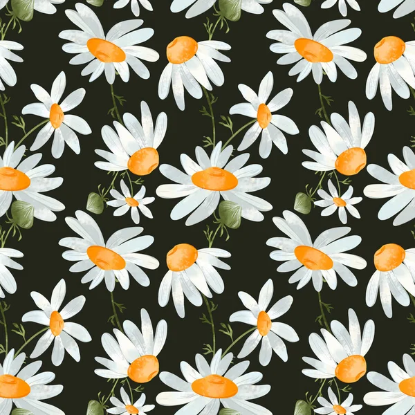 Cute square silent pattern daisy flower. Textural digital art on a black background. Print for fabrics, clothes, wrapping paper, cards, packaging, banners, children\'s textiles and books.