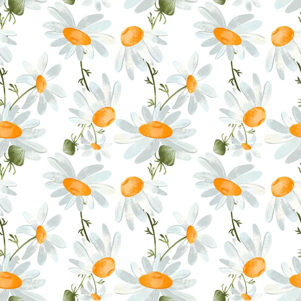 Cute square silent pattern daisy flower. Textural digital art on a white background. Print for fabrics, clothes, wrapping paper, cards, packaging, banners, children\'s textiles and books.