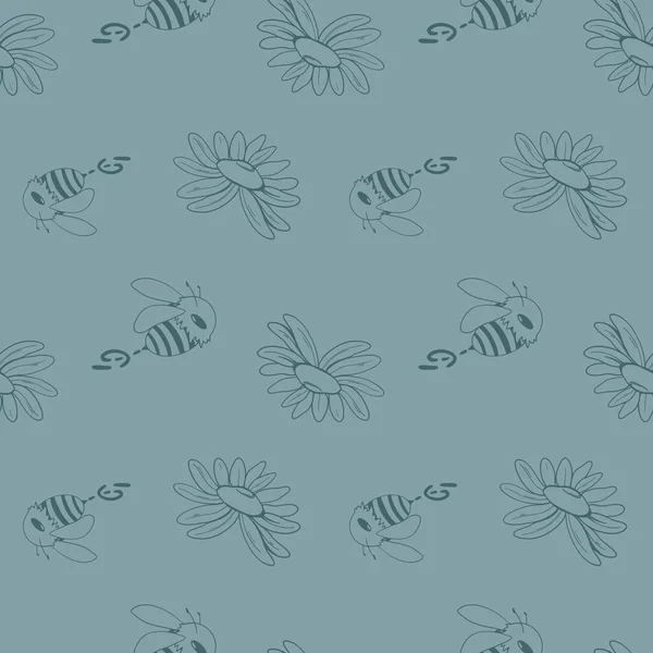 Cute square silent pattern of daisy flower and bee. Doodle art outline on a blue background. Print for fabrics, clothes, wrapping paper, cards, packaging, banners, children\'s textiles and books.