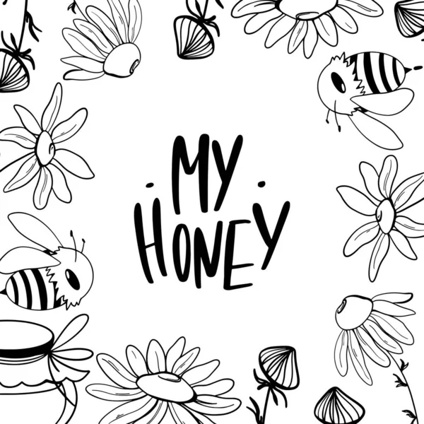 かわいい四角形のはがきのテキストは花で私の蜂蜜をレタリング 白い背景にアートの輪郭をかわす 包装紙 バナー 子供用織物や本のための印刷 — ストック写真