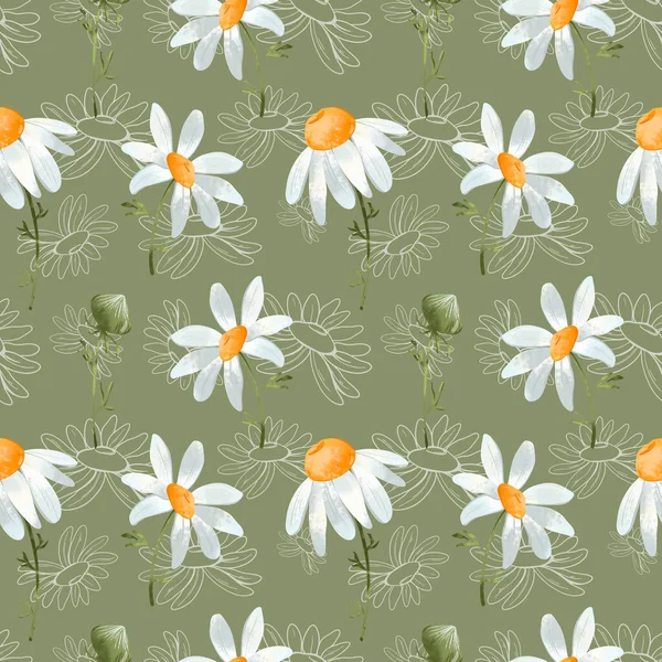 Słodki Kwadrat Cichy Wzór Stokrotka Kwiat Teksturalna Sztuka Cyfrowa Zielonym — Zdjęcie stockowe