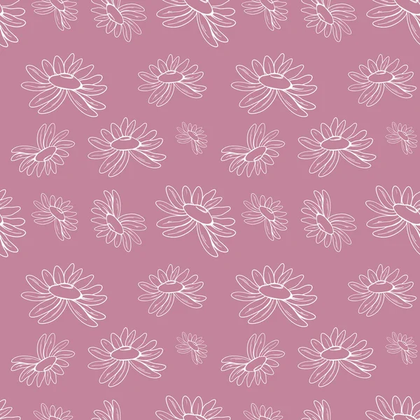 Cute square silent pattern daisy flower. Doodle art outline on a pink background. Print for fabrics, clothes, wrapping paper, cards, packaging, banners, children\'s textiles and books.