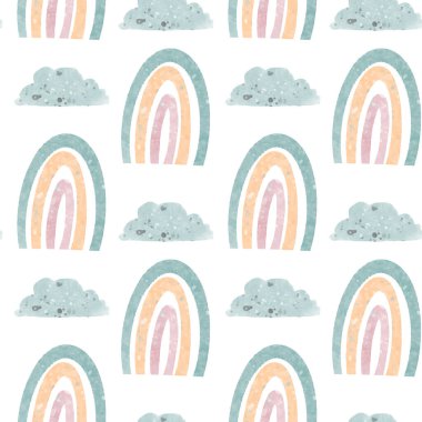 Gökkuşağı ve gökkuşağı desenli şirin minimalist İskandinav karesi. Beyaz arka planda suluboya dijital sanat. Çocuk odası için parmak izi, kartlar, davetiyeler, posterler, kartlar.