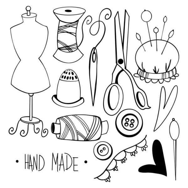 Cute set of tailor for sewing, mannequin, thread, needle, scissors, button. Digital doodle outline art. Print for scrapbooking, cards, fabrics, design, banners, textiles, coloring pages.