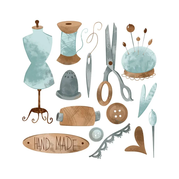 Dikiş, manken, iplik, iğne, makas ve düğme için hoş bir terzi seti. Dokusal dijital sanat. Albüm, kartlar, kumaşlar, logolar, kitaplar, dekorasyon, afişler, tekstil için yazdır.