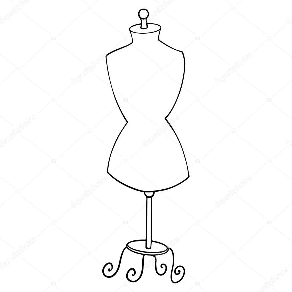 Cute mannequin for sewing. Digital doodle outline art. Print for scrapbooking, cards, fabrics, design, banners, textiles, coloring pages.