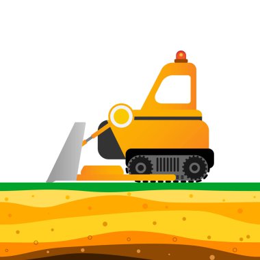 Beyaz zemin üzerine sarı buldozer. Madencilik sektörü.
