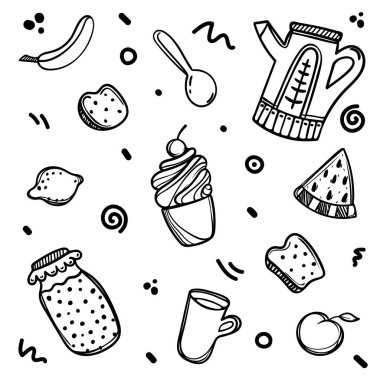 El kahvaltı yemek set çekilmiş. Konsept illüstrasyon kroki.