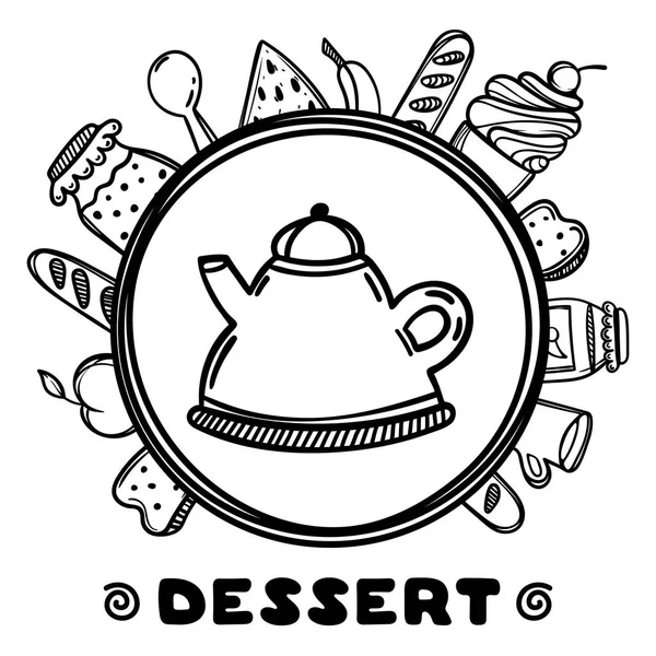 Мультяшний чайник з їжею на білому тлі. Рука намальована ілюстрація. Час десерту . — стоковий вектор