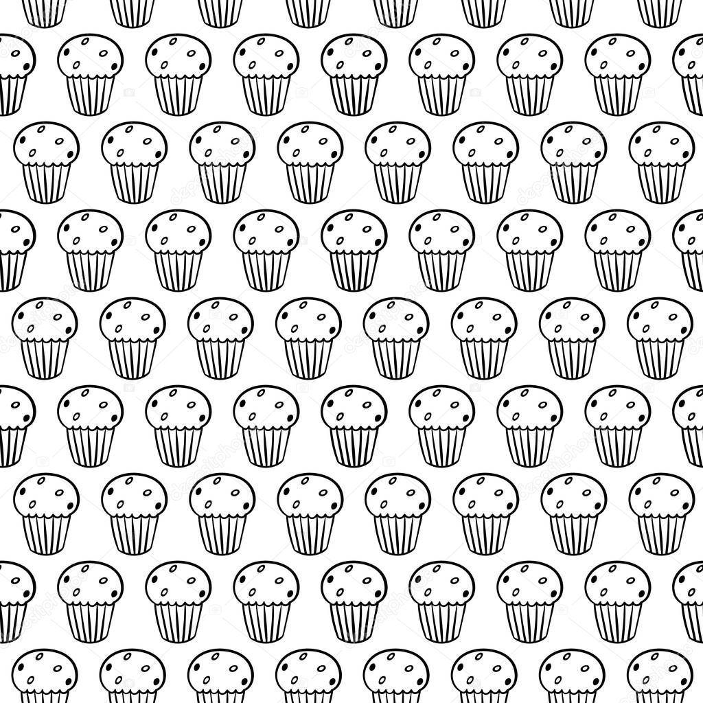 Cartoon cute cupcakes on white background. Simple seamless pattern. Linear coloring book.