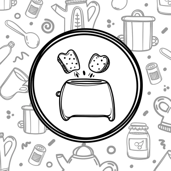 Tostadora de dibujos animados con tostadas sobre fondo de utensilios de cocina. Ilustración hecha a mano. Icono de desayuno — Vector de stock