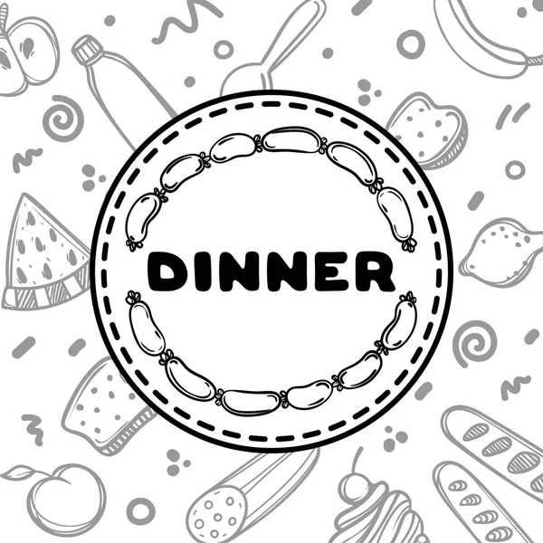 Mignon menu affiche dessiné à la main pour café sur fond alimentaire avec citation du dîner. Illustration linéaire . — Image vectorielle