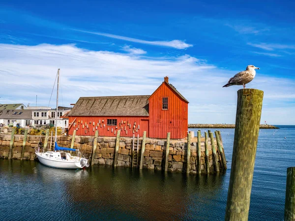 Cabaña Pesca Roja Rockport Con Gaviota Poste —  Fotos de Stock